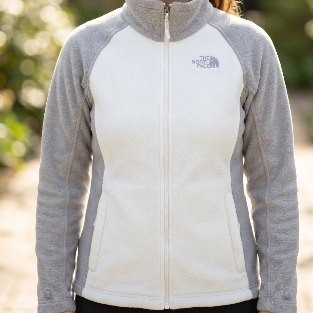 The North Face Womens Full Zip Fleece Jacket White Grey Colorblock Mock Neck S/P